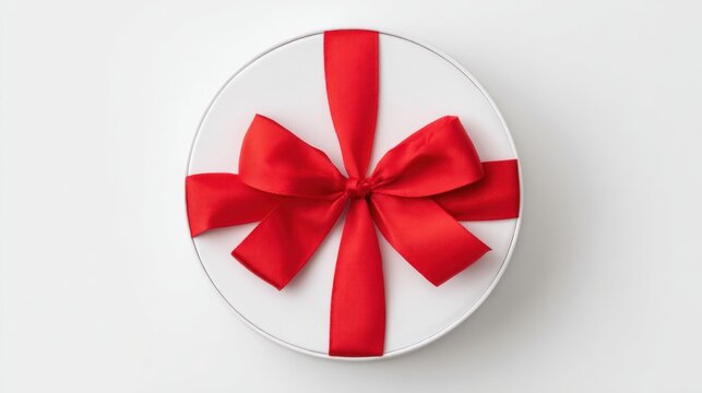 Top view of white present lid with red ribbon bow isolated on white background