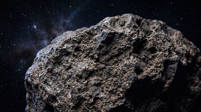 Rough textured dark asteroid meteorite floating in deep space with stars and galaxy background showcasing rocky surface details and cosmic debris in the vastness of the universe.