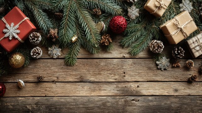 Top view of wooden background with Christmas props and fir tree branches