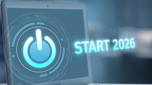 A modern laptop featuring a glowing power button against a digital background, symbolizing technology and innovation as we approach 2026. Perfect for digital themes and startup visuals. Salient
