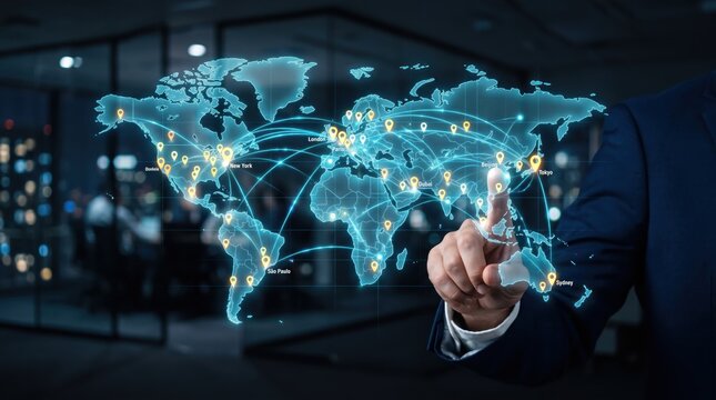Businessman interacting with a global network map on a transparent digital screen, connecting international markets and data points in a high-tech corporate environment.