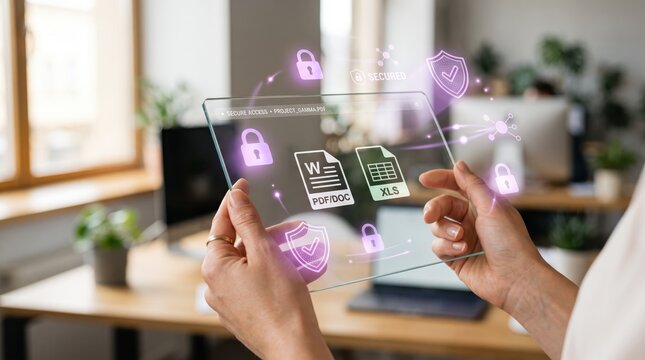 Hands holding transparent tablet with holographic file security icons, encrypted PDF and Excel documents, protected data access, advanced cybersecurity interface for confidential