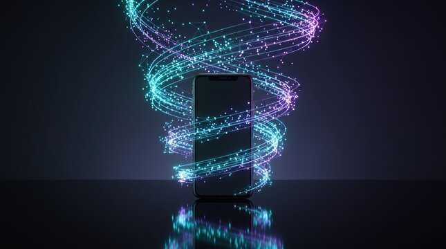 Abstract concept of mobile communication and big data transfer featuring smartphone surrounded by swirling glowing particles and light streams representing wireless internet