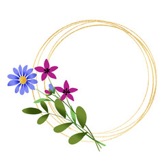 Gold wreath, floral frame with wild flowers. Hand painting geometric golden  greeting background. Digital illustration isolated on white background. © Larisa
