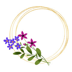 Gold wreath, floral frame with wild flowers. Hand painting geometric golden  greeting background. Digital illustration isolated on white background. © Larisa