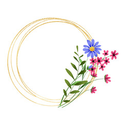 Gold wreath, floral frame with wild flowers. Hand painting geometric golden  greeting background. Digital illustration isolated on white background. © Larisa