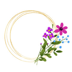 Gold wreath, floral frame with wild flowers. Hand painting geometric golden  greeting background. Digital illustration isolated on white background. © Larisa