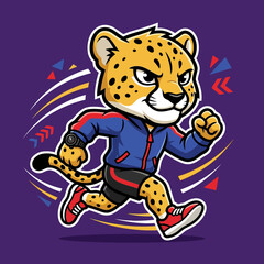 Athletic cartoon cheetah mascot running fast in sports gear. © dawson