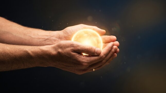 Male hands cupping a glowing golden energy orb against a dark background, symbolizing power, hope, spiritual healing, renewable energy sources, or the manifestation of creative