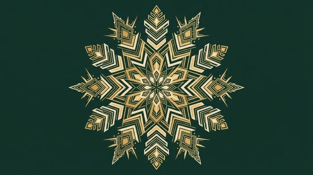 Elegant gold geometric snowflake design on deep emerald green
