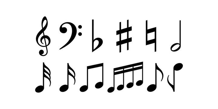 Musical notation elements collection isolated on clear canvas backdrop.