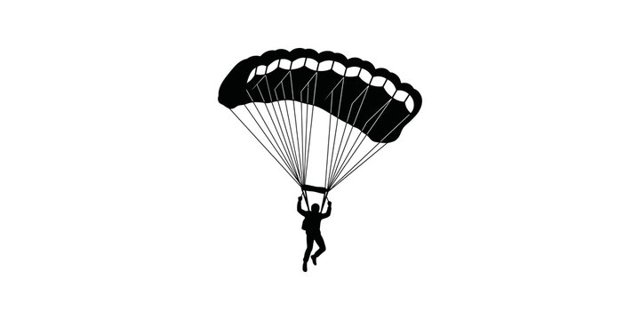 Skydiver descending with open rectangular parachute on transparent background.