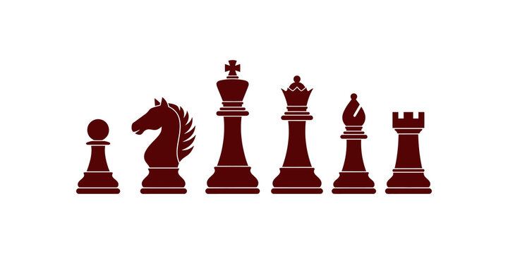 Set of dark chess pieces on isolated background for strategy game design.