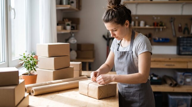 Woman Packing Parcel with Kraft Paper and Twine in Home Workshop for Online Store