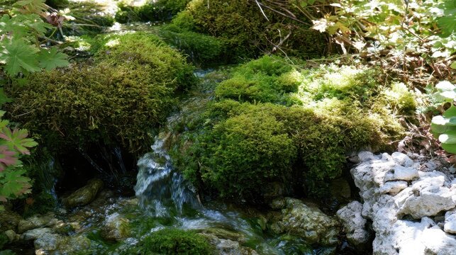 Mossy stream flowing over rocks in a forest
