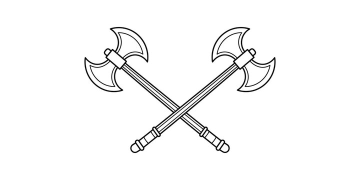 Crossed battle axes thin line vector drawing on checkered backdrop.