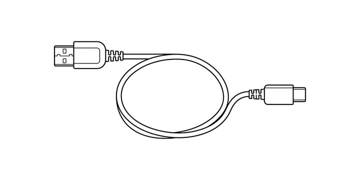 Black line usb type c charging cable on isolated canvas art surface.