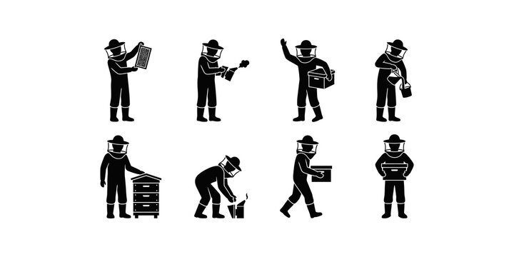Beekeeper worker icons in black silhouette style on clear backdrop for api.