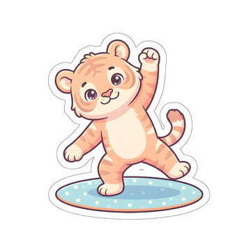 Cute Baby Tiger Dancing and Stretching on Polka Dot Mat Sticker