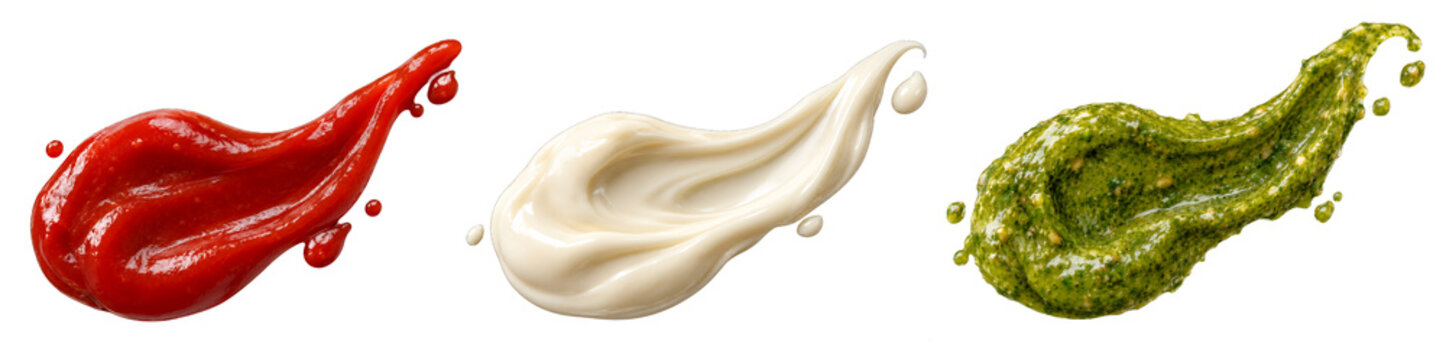 Realistic ketchup, mayonnaise and pesto sauce isolated on transparent background. png cutout