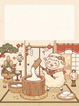 臼と杵とお餅と羊のお正月イラスト 餅つき 未年 年賀状素材 縦型