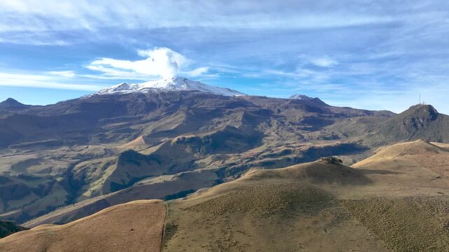 Nevado del Ruiz Snow Covered Volcano in the Colombian Andes. Establishing Shot. Aerial View.