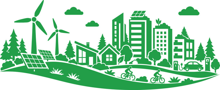Eco-Friendly Green City Vector Design with Renewable Energy Sources, Solar Panels, Wind Turbines, Electric Car Charging Stations, Sustainable Architecture and Active Outdoor Lifestyle.