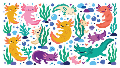 Fototapeta premium Cute Axolotl Clipart Set – Colorful Kawaii Salamanders, Underwater Seaweed, Bubbles & Shells Vector Illustration