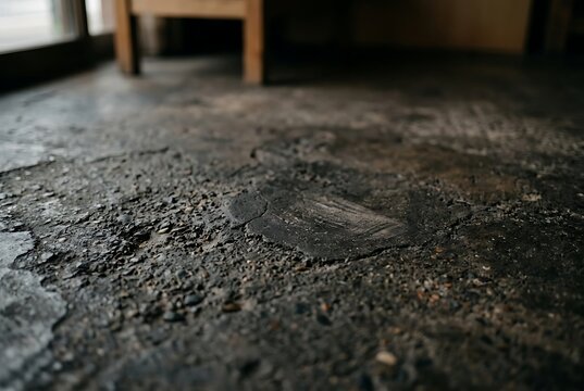 Old Grungy Concrete Floor with Weathered Texture and Cracks Indoors.