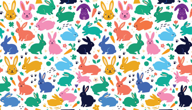 Cute bunny rabbits seamless pattern of colorful easter spring background vector doodle set