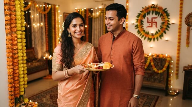 happy young indian couple celebrating diwali festival together at home
