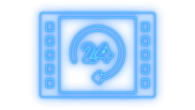 Colorful neon icon of a film strip frame with twenty four hours circular arrow symbol for nonstop cinema movie playback service isolated on transparent background