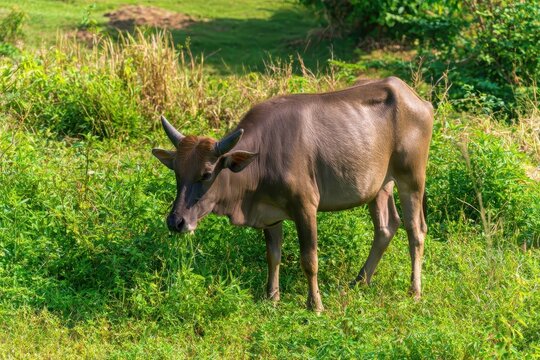 Water buffalo grazing in a green field
