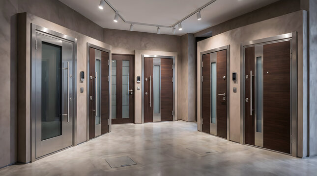 Showroom display featuring multiple dark wood and stainless steel security doors with glass panels, set in a concrete-walled interior space