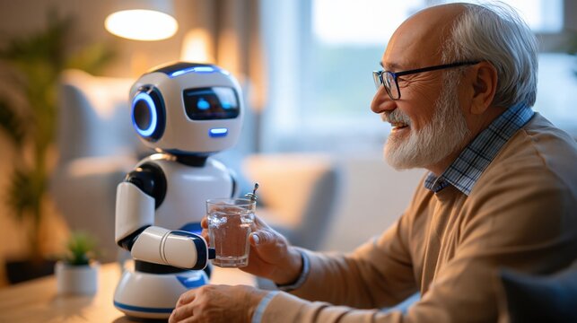 Elderly man happily interacts with a friendly, modern robot assistant providing care and companionship at home
