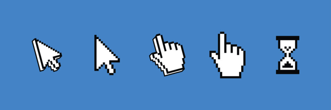 A comprehensive collection of essential computer icons representing cursor states waiting indicators and time management