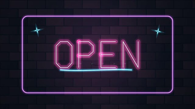 Glowing pink and purple neon open sign flickering brightly on dark brick wall background motion footage animation clip