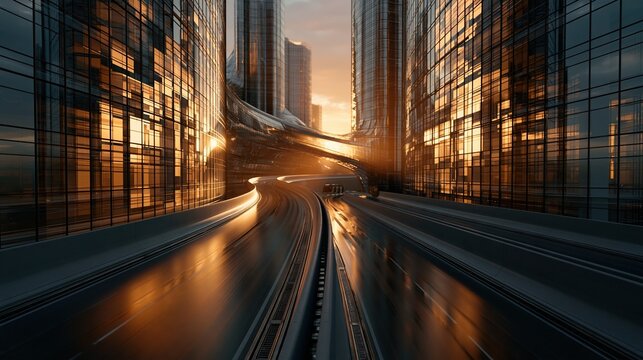 Futuristic cityscape with modern architecture, reflecting golden sunset light on wet streets and skyscrapers
