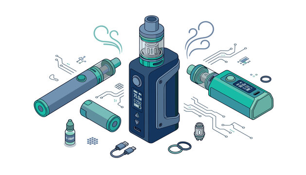 Vape device vector element collection with electronic cigarettes box mods e-liquid bottle battery and tech accessories