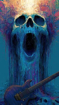 A surreal screaming blue skull with melting liquid effects and colorful abstract patterns exploding from the top of the head above an electric guitar