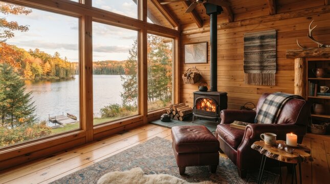 Cozy log cabin interior with a wood burning stove overlooking a scenic lake in autumn season