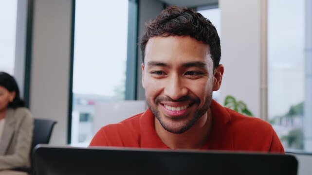 Man, realtor and laptop in office with smile, viewing booking and update property listing on website. Estate agent, tech and coworking in firm with reading or auction opportunity for extra commission