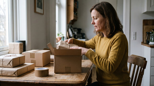 Woman packing wrapped holiday gifts into a cardboard shipping box at a kitchen table to mail to family