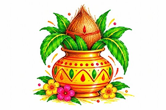 Minimal scribble style Ugadi illustration of a decorated traditional kalash pot filled with fresh green mango leaves and a sacred coconut.