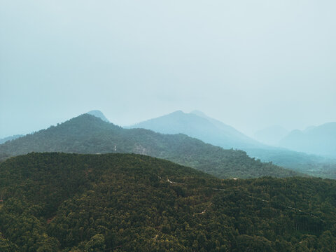 A serene landscape of rolling hills covered in lush green forests stretches into the distance under a hazy blue sky, with faint outlines of distant mountains barely visible through the mist.