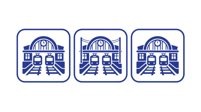 Set of blue icons displaying train station buildings with passenger trains arriving on parallel tracks railroad building transport architecture commuter graphics industry
