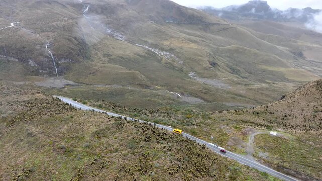 Nevado del Ruiz Snow Covered Volcano in the Colombian Andes. Establishing Shot. Aerial View.