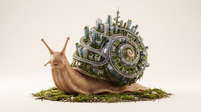 Surreal 3D Snail Carrying a Futuristic City on Its Spiral Shell