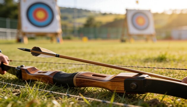 Generative AI Archery practice outdoor targets on a grassy field showing a bow and arrow ready for