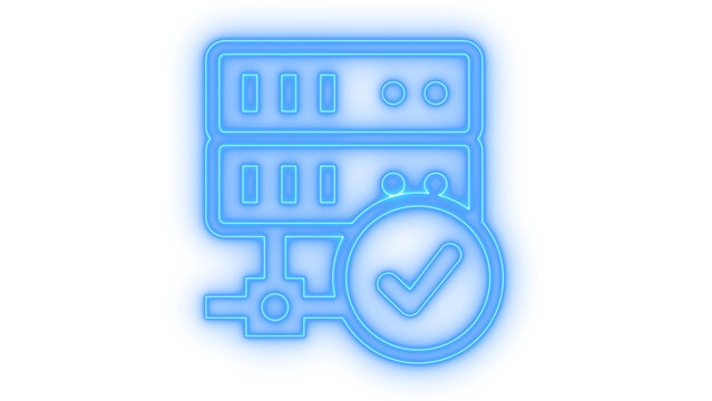 Colorful neon icon of database server with approved checkmark symbol representing secure online storage or successful connection isolated on transparent background